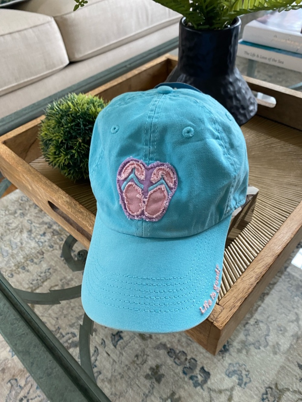 NWT LIFE IS GOOD TATTERED CHILL CAP WITH FLIP FLOP STITCHED DETAIL